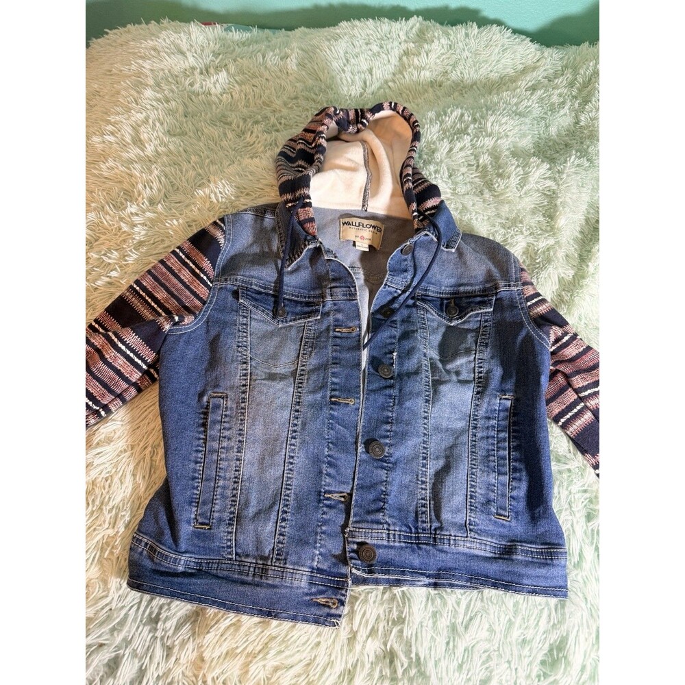 Wallflower Hoodie Jacket Girls L Blue Denim Layered Stripe Sleeve Hooded Pocket